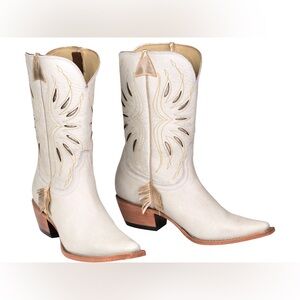 Lucchese x Kacey Musgraves follow your arrow white and gold cowboy boots